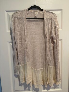 Light Beige Crochet Open-Front Cardigan with Lace Trim